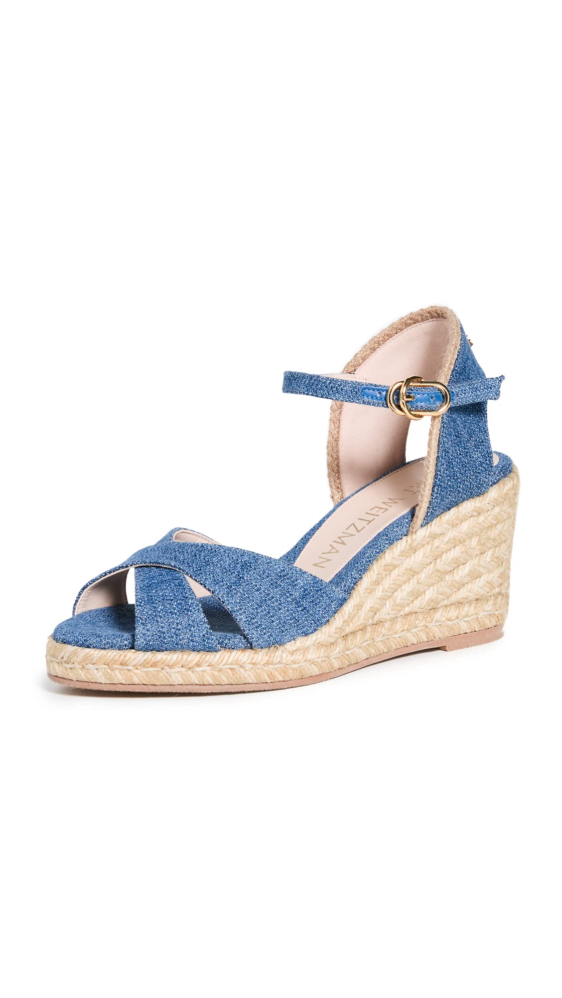 Stuart Weitzman Women's Mirela Espadrille Wedges, Washed/Natural, Blue, 6 Medium US