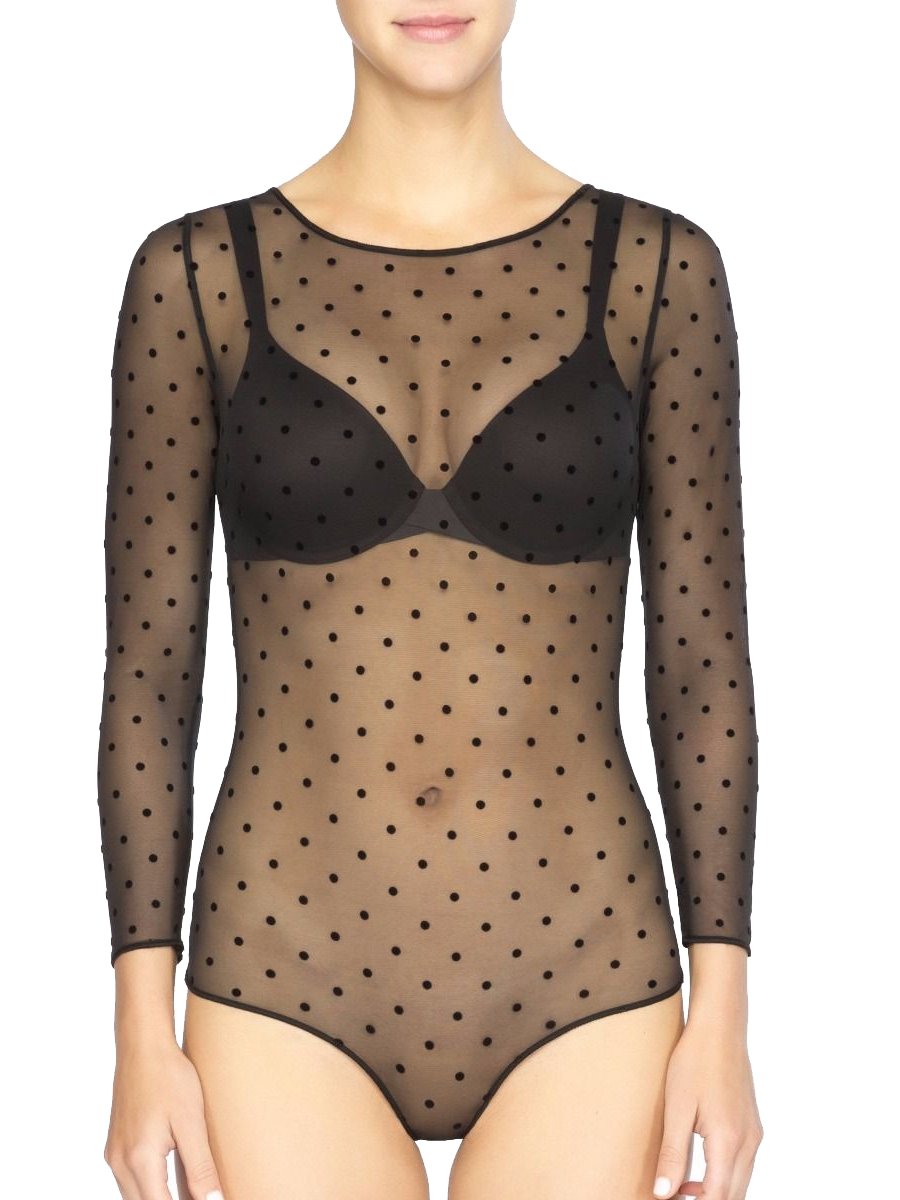 SPANX Sheer Fashion Mesh Thong Bodysuit Flocked Dot MD