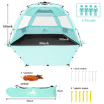 NXONE XL Pop Up Beach Tent, Deluxe Sun Shade Shelter for 4 Person, UPF 50+ Protection, Windproof Beach Shade, Extendable Floor with 3 Ventilating Windows Plus Carrying Bag, Stakes and Guy Lines Mint Green