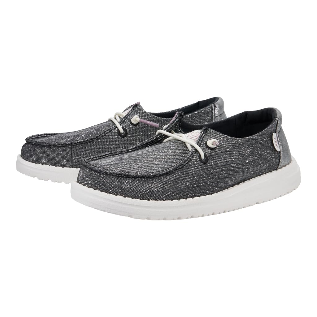 HEYDUDE Girl's Wendy Y Metallic Sparkle Charcoal Size 6 | Youth's Shoes | Youth Slip-on Loafers | Comfortable & Light-Weight