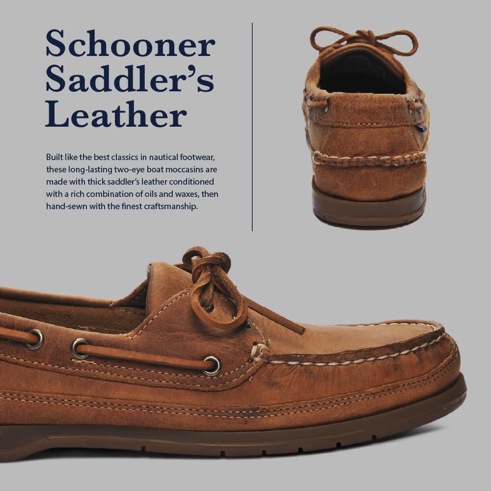 Sebago Schooner Saddler's Leather Boat Shoes - Waterproof Moccasins for Men Featuring Leather Sock Lining, and Non-Marking, Slip-Resistant Outsoles, Brown Tan - 8.5 Regular