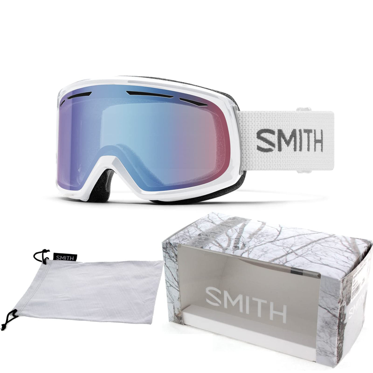 SMITH DRIFT White/Blue Sensor Mirror Women's medium fit Goggles For Men For Women + BUNDLE with Designer iWear Eyewear Kit