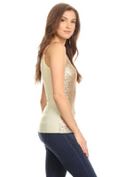 Anna-Kaci Womens Glitzy All Over Sequin Chain Straps Slim Spaghetti Tank Top, Gold, Medium
