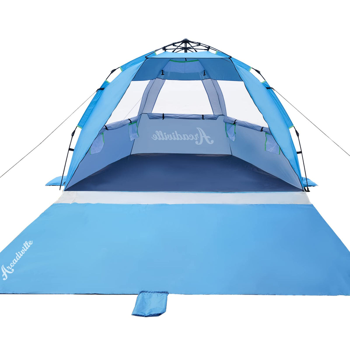ArcadiVille Pop up Beach Tent, Anti-UV Sun Shelter 4 Person Tent for Beach UPF 50+, Portable Lightweight Beach Shade Canopy Sun Tent w/Extended Floor, Guylines & Stakes, 3 Ventilated Windows (Blue)