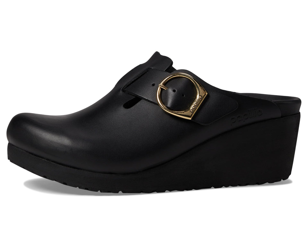 Birkenstock Women's Papillio Fanny Wedge Clog-Leather Sandal, Black, 9-9.5 Narrow