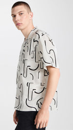 Club Monaco Men's Short Sleeve Camp Collar Artisan Print Shirt, Tan/Tan, XXL