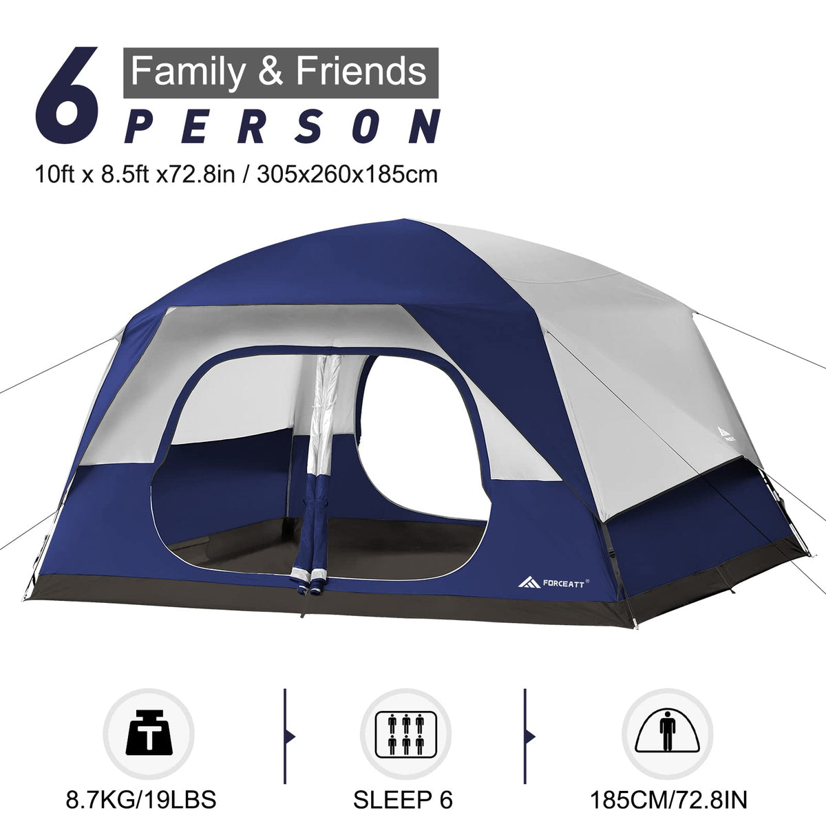 Forceatt 6 Person Tent, Waterproof and Ventilated Camping Tent for 4 Seasons, Dome Cabin Tent with Storage Bag, The Tent has a Large Space for Family Gatherings, Hikingand and Outdoors Activities.