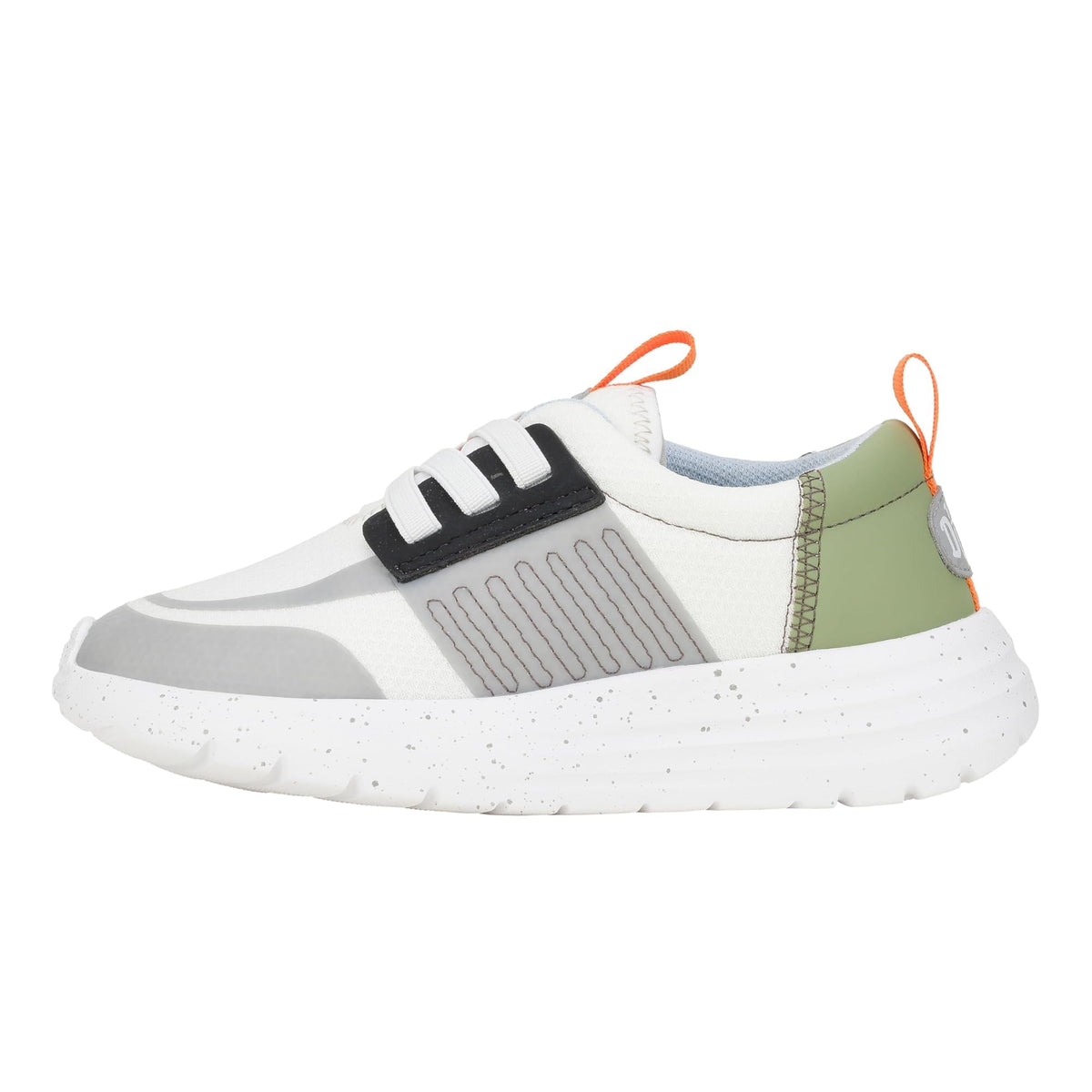 HEYDUDE Men's Kid Sirocco Play Colorblock (Little Kid/Big Kid), White/Grey/Olive, 2 Medium