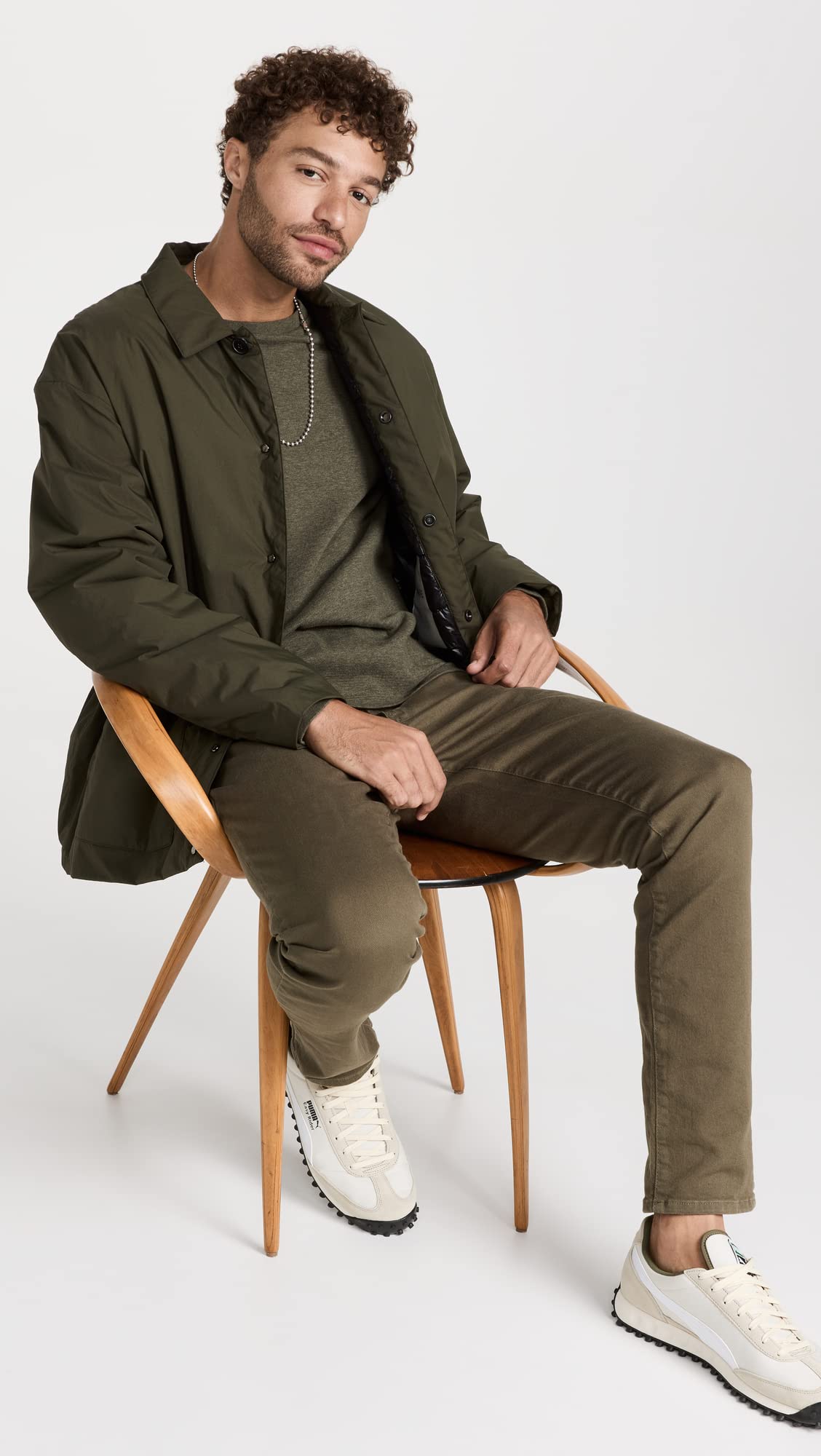 FRAME Men's Duo Fold Long Sleeve Crew, Heather Olive Green, L