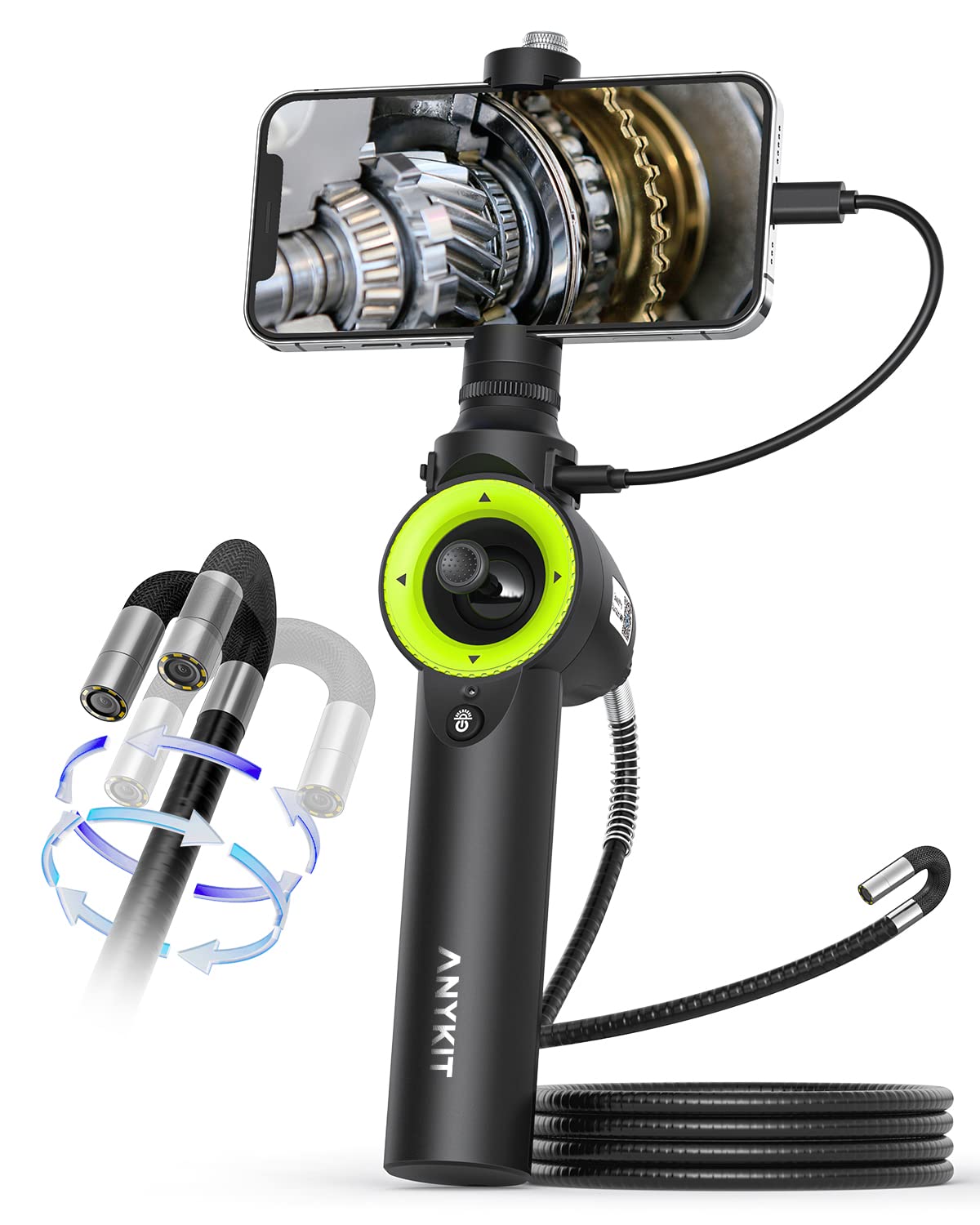 360° Articulating Borescope, Anykit Joystick Articulating Endoscope Inspection Camera with Steerable Probe for Automotive Aircraft Mechanics, Compatible with iPhone and Android (7.6mm/3.3ft)