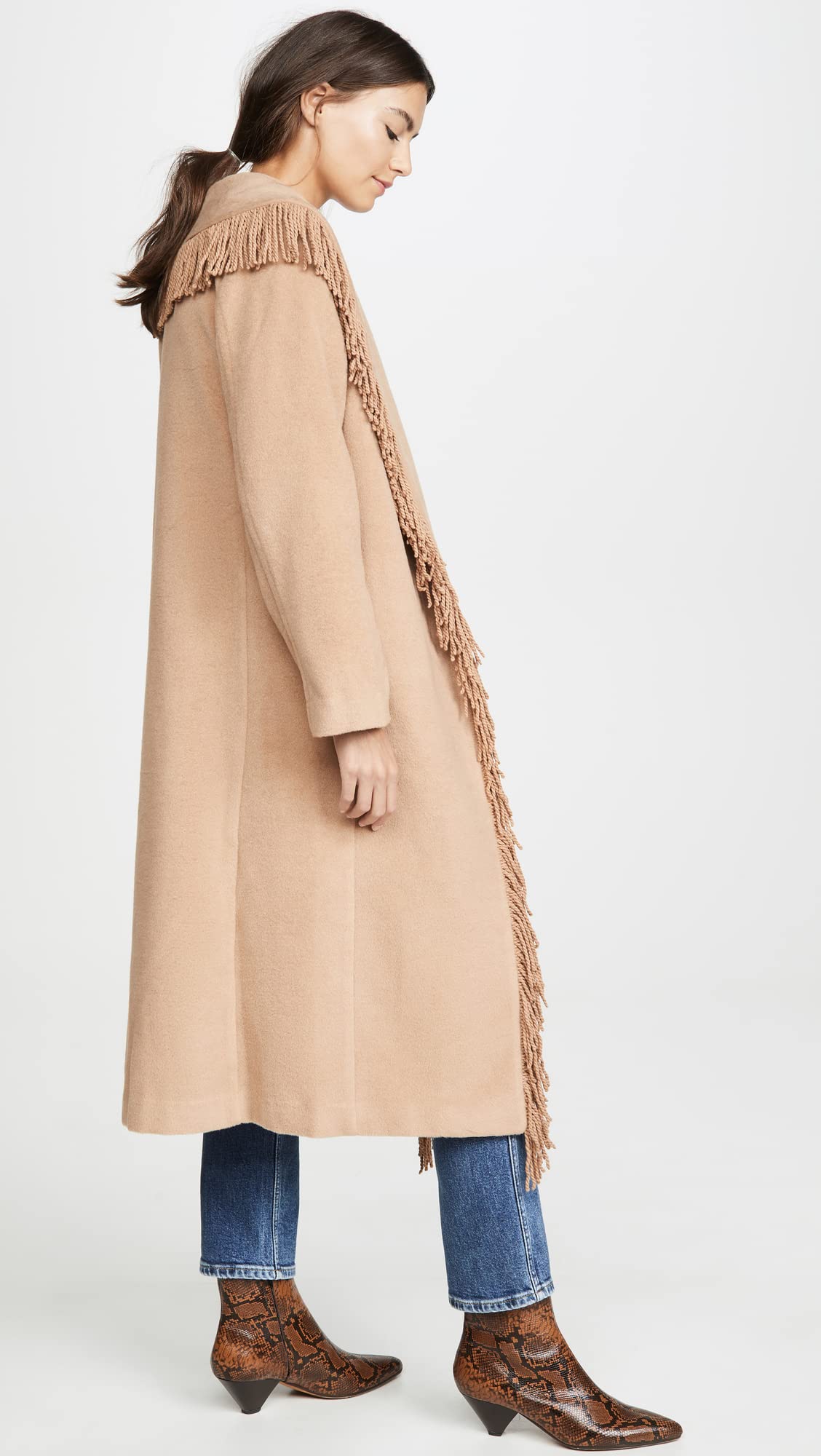 Line & Dot Women's Linda Fringe Coat, Camel, Tan, L