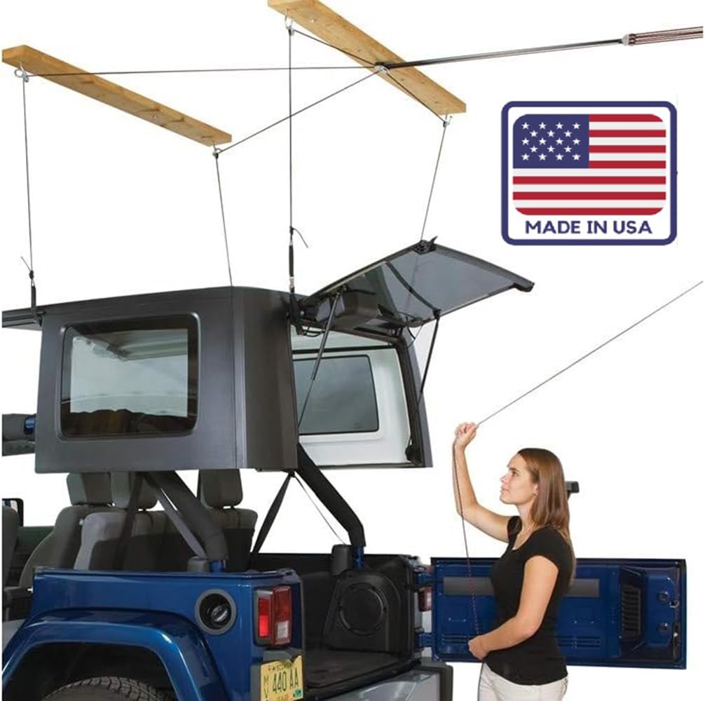 HARKEN - Hardtop Overhead Garage Storage Hoist for Jeep Wrangler and Ford Bronco, Self-Leveling, Safe Anti-Drop System, Easy One-Person Operation, Garage Organization