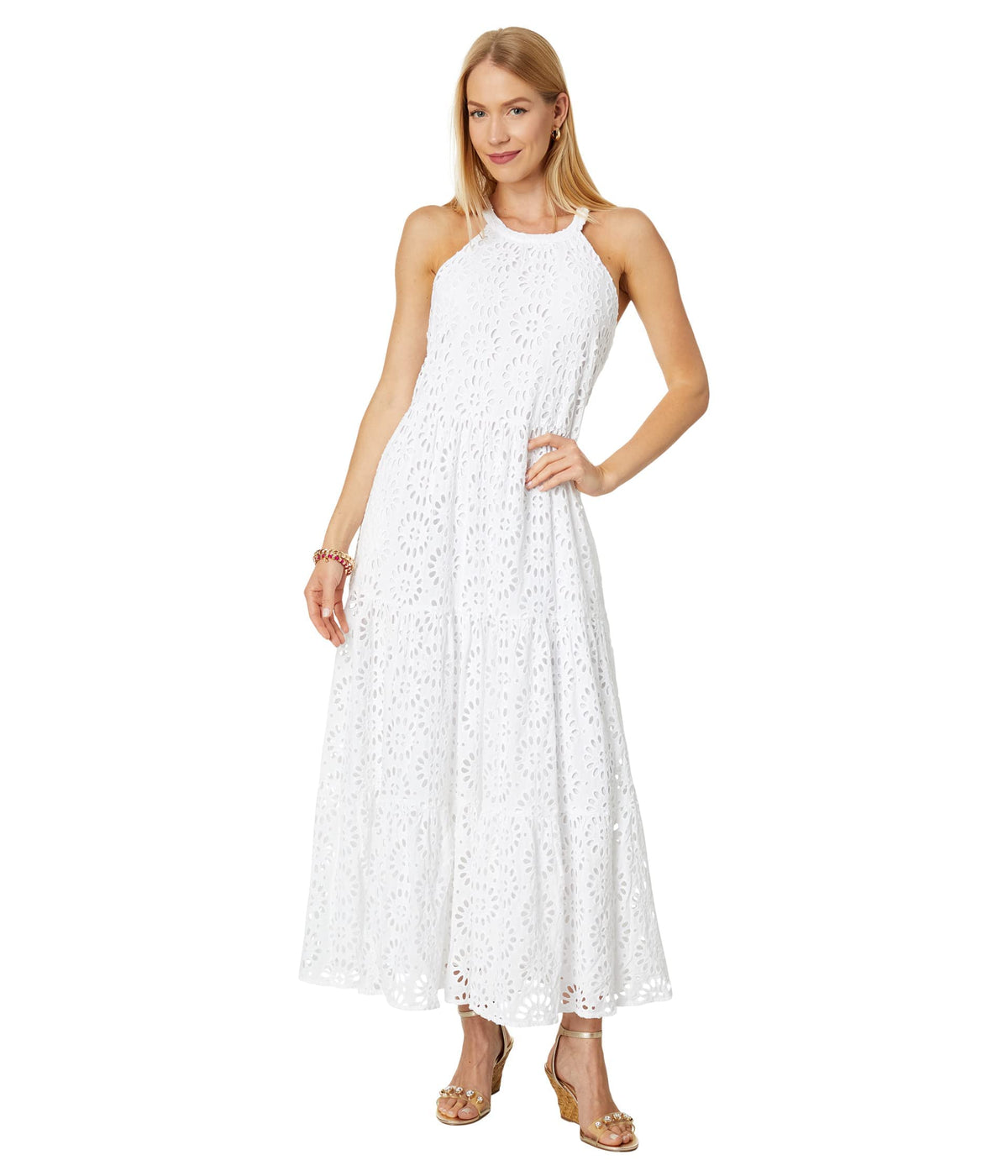 Lilly Pulitzer Beccalyn Eyelet Maxi Dress Resort White Oversized Pinwheel Rayon Eyelet XXS