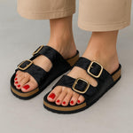 CUSHIONAIRE Lang Slip On Cork Footbed Womens Sandals β Comfortable Slides with Adjustable Buckle Flat Sandals for Women 2025, BLACK 7