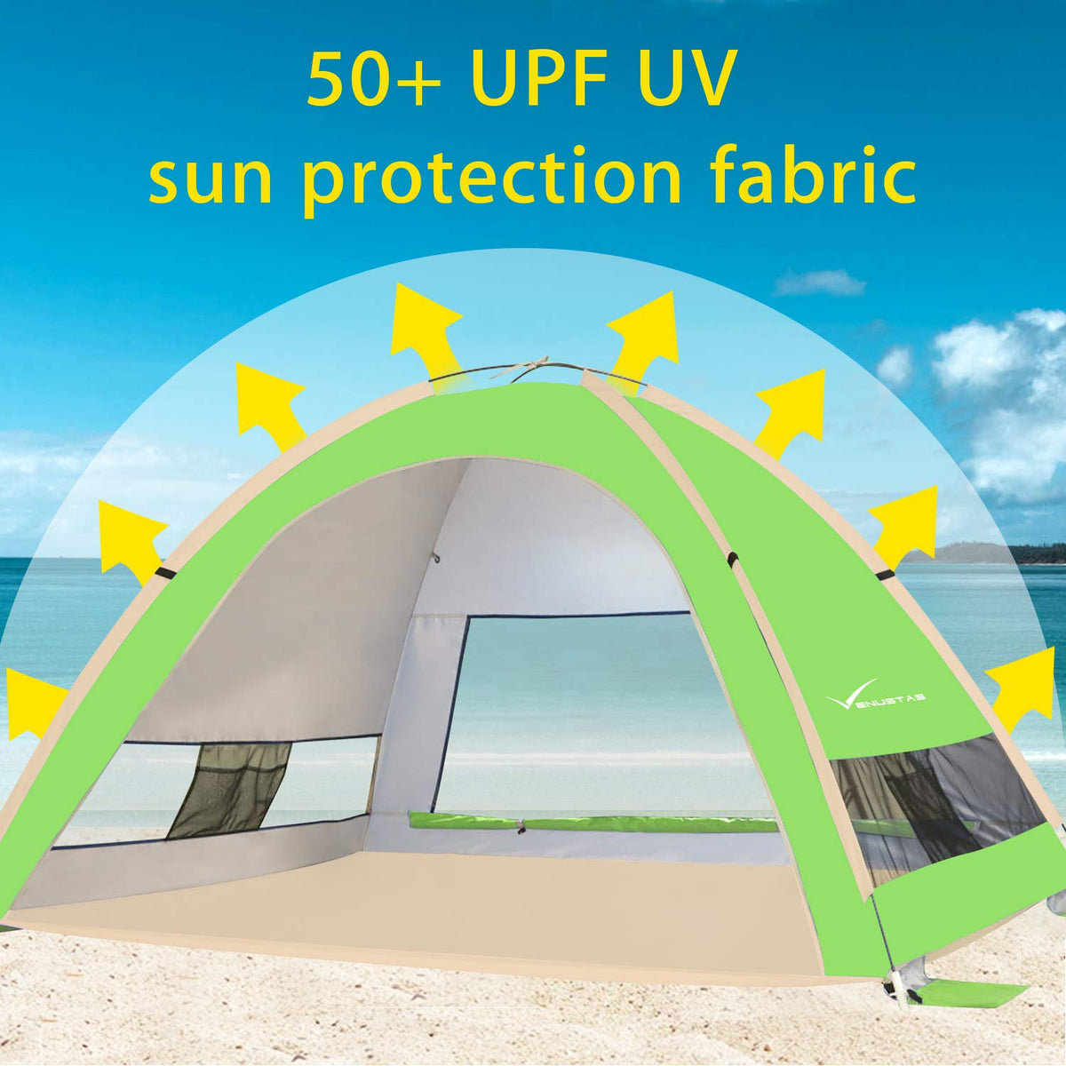 KEUMER Venustas Pop Up Beach Tent, Portable Beach Tent Automatic Sun Shelter, Lightweight Easy Setup Tents 4 Person UPF50+ Anti-UV Protection Sunshade for Family Adults