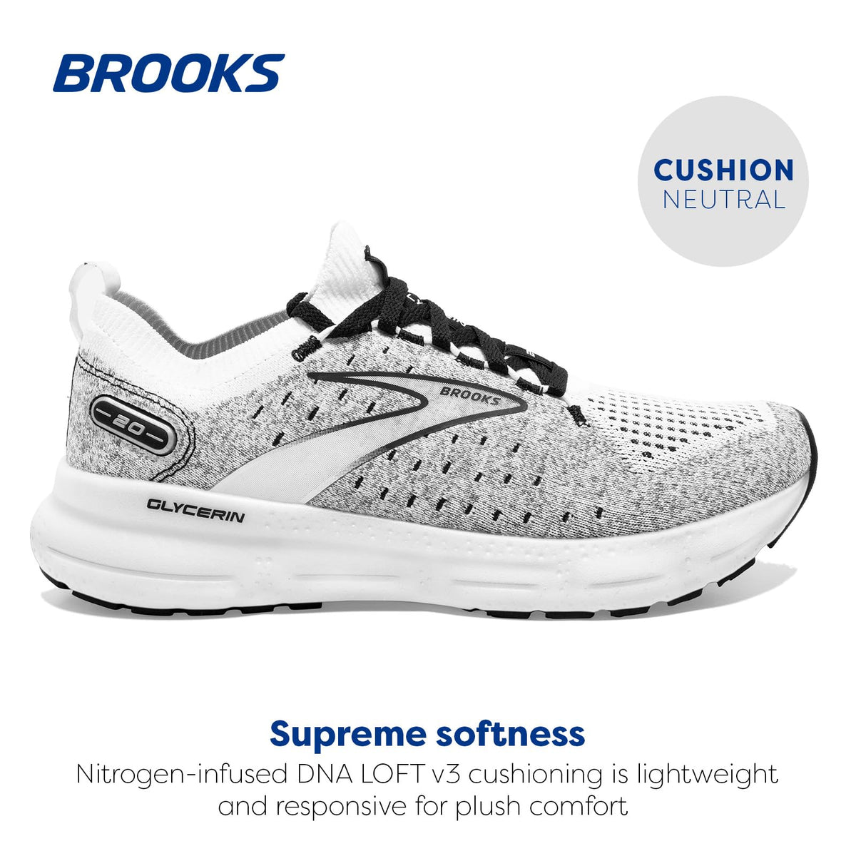 Brooks Men’s Glycerin StealthFit 20 Neutral Running Shoe - White/Grey/Black - 7 Medium