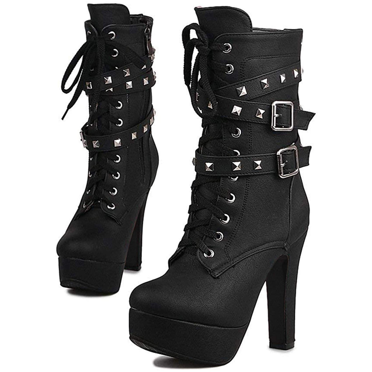Women Autumn Round Toe Lace Up Ankle Buckle Chunky High Heel Platform Knight Boots (Black2, numeric_5_point_5)…
