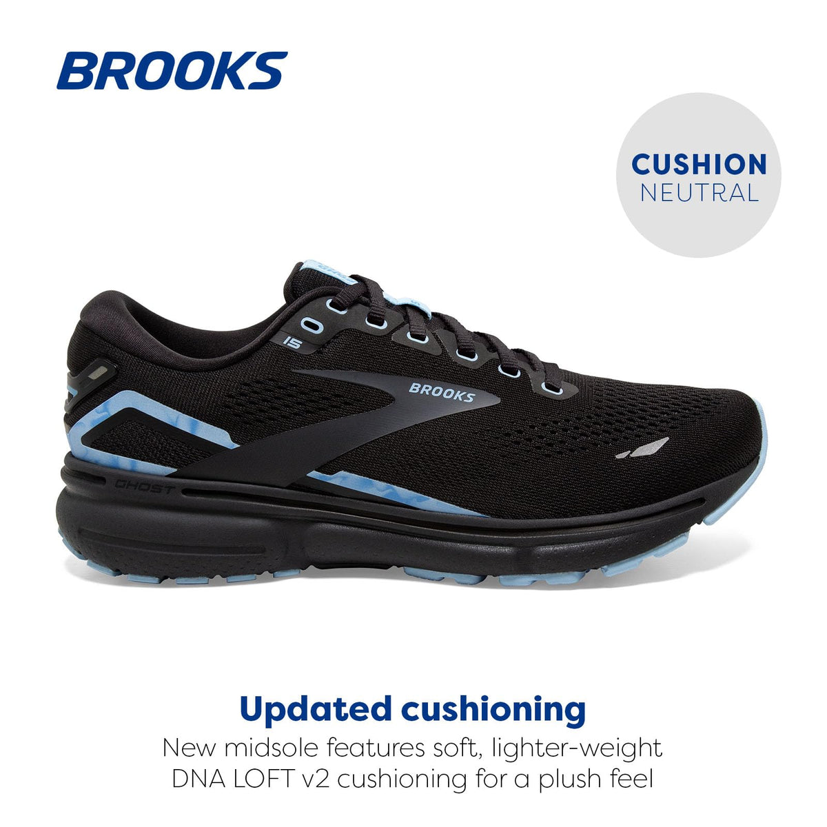 Brooks Men's Ghost 15 Running Shoe - Black/Ebony/Marina - 8 Medium