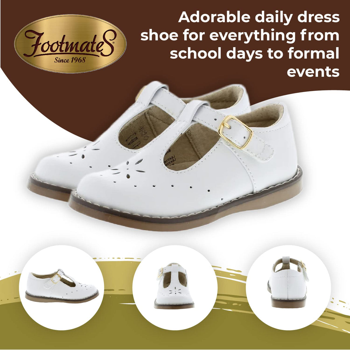 FOOTMATES Sherry Mary Jane Hook and Loop Leather T-Strap Shoes with Wide Toe Box and Custom-Fit Insoles, Non-Marking Outsoles - for Toddlers and Kids, Ages 1-8 White 10 Toddler