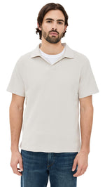 FRAME Men's Short Sleeve Jacquard Polo, Light Khaki, Off White, M