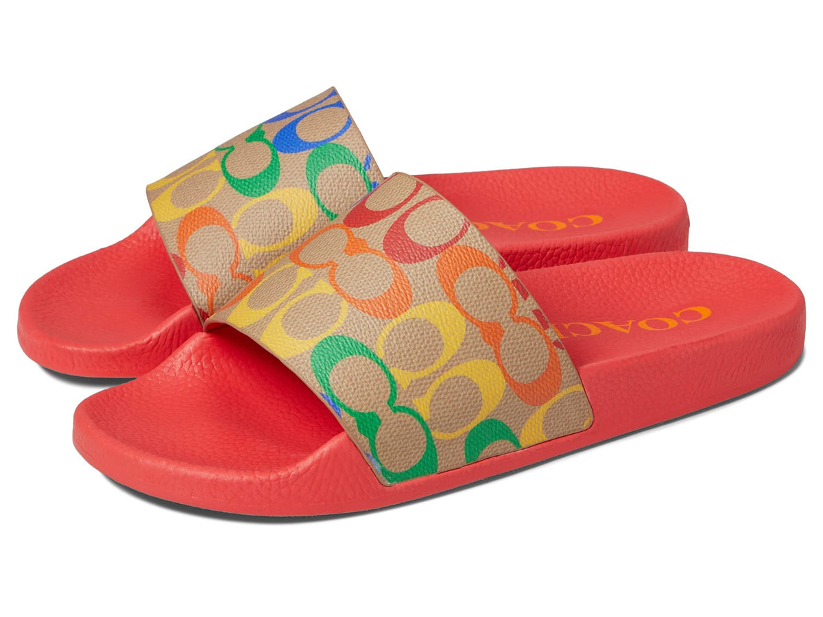 Coach Women's Udele Coated Canvas Slide Slipper 7 Tan Multi/Pop Red/Miami Red