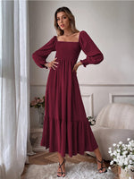 Anna-Kaci Women's Square Neck Shirred Ruffle Hem Long Sleeve Maxi Dress, Wine Red, Small