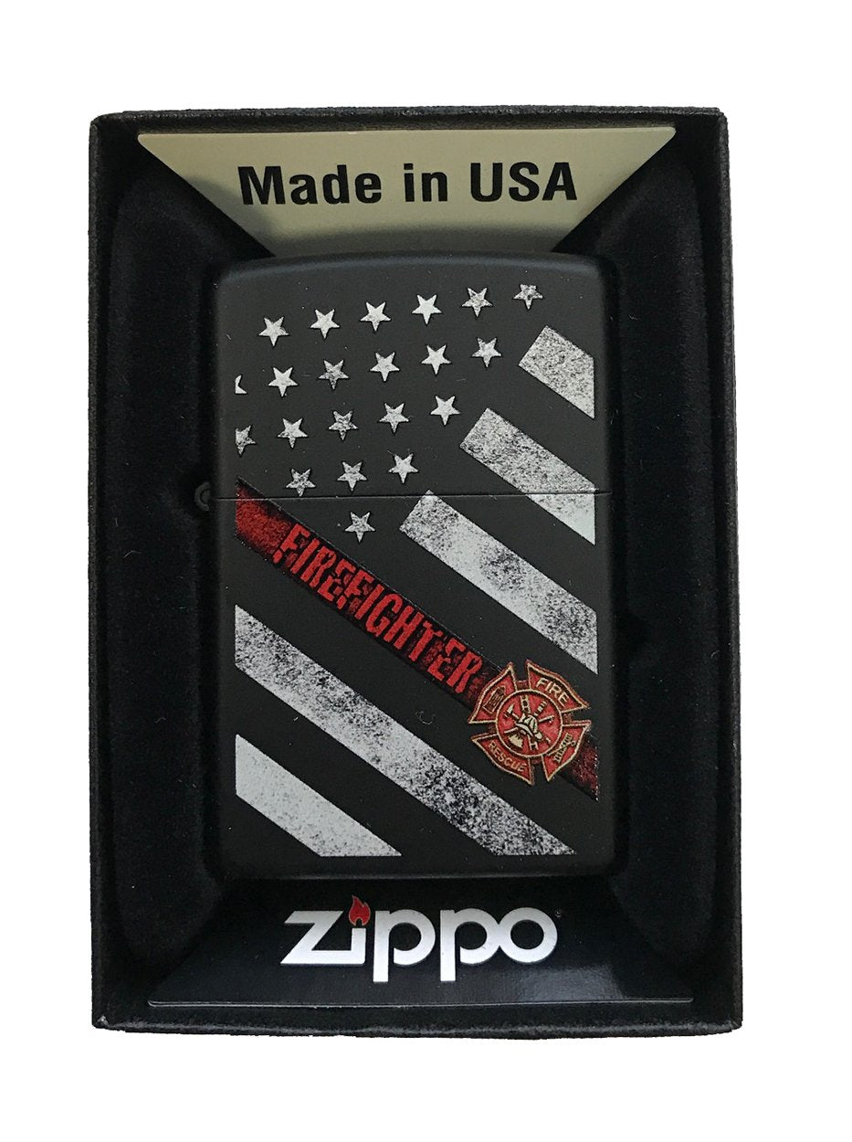 Zippo Lighter- Firefighter Flag Red Line Black Matte Windproof Lighter