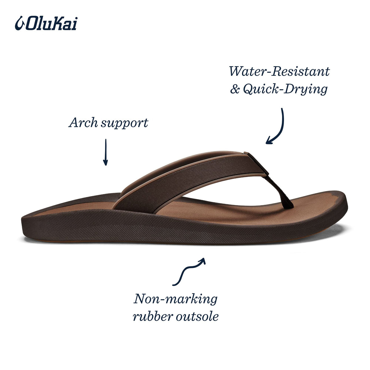 OLUKAI Koko'o Men's Beach Sandals, Quick-Dry Flip-Flop Slides, Water Resistant & Lightweight, Compression Molded Footbed & Ultra-Soft Comfort Fit, Dark Wood/Ray, 14
