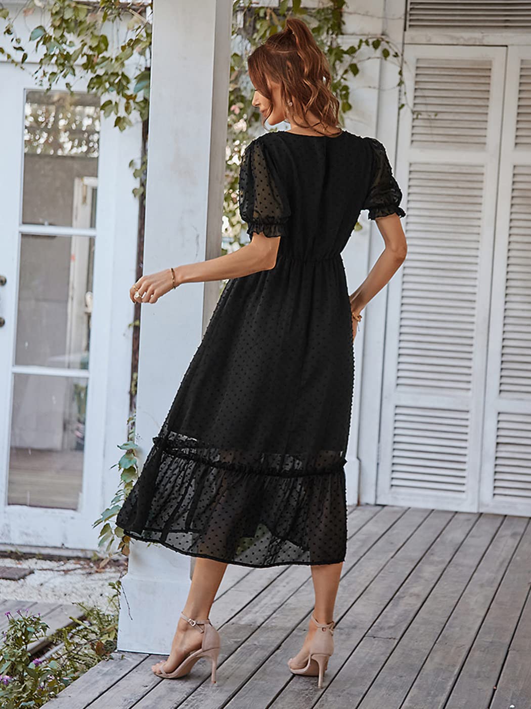 Anna-Kaci Women Summer Swiss Dot Short Sleeve Dress High Waist V Neck Floral Print Flowy Maxi Dress, Small Black