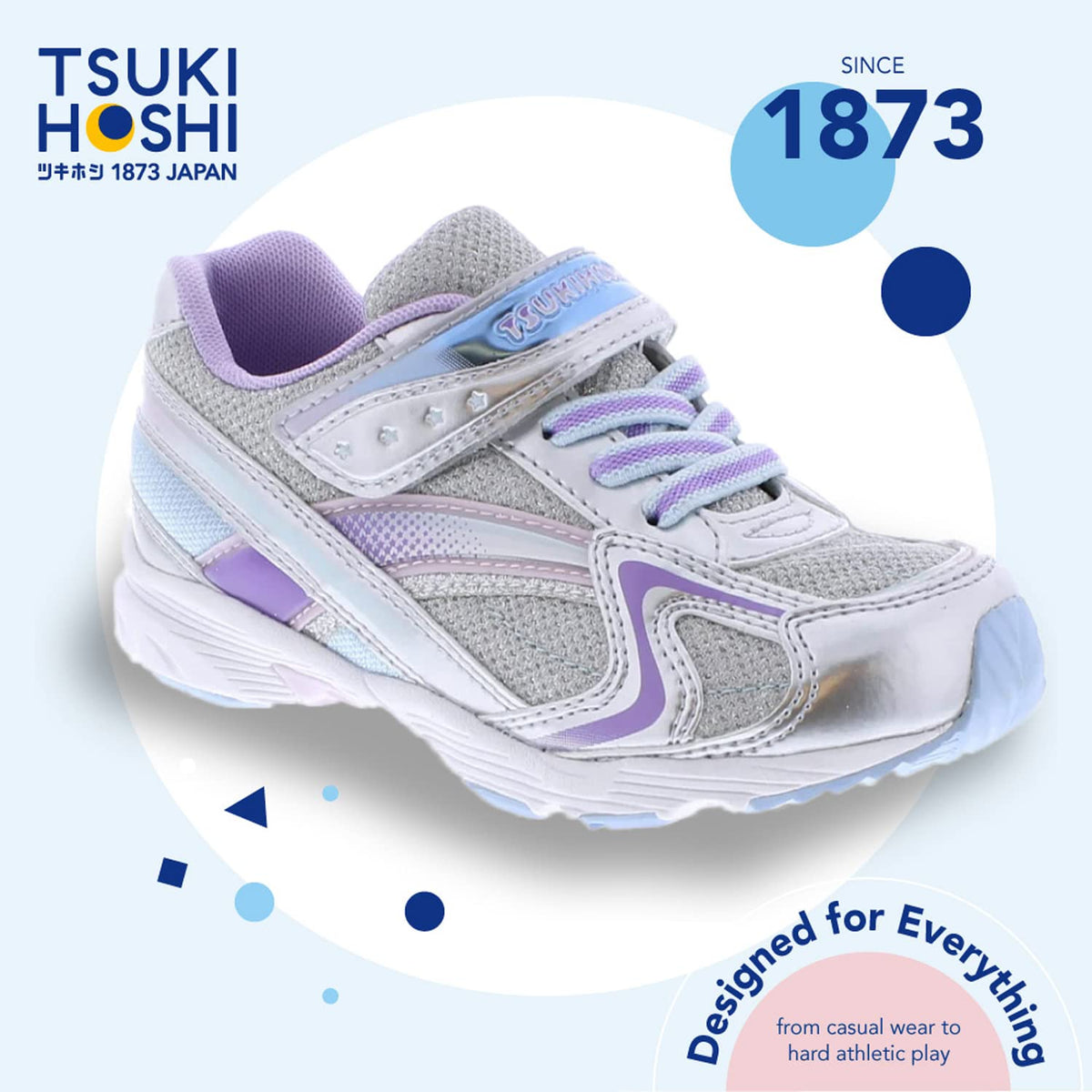 TSUKIHOSHI 3537 GLITZ Strap-Closure Machine-Washable Child Sneaker Shoe with Wide Toe Box and Slip-Resistant, Non-Marking Outsole - For Toddlers and Little Kids, Ages 1-8 Little Kid (4-8 Years) 1 Little Kid Silver/Lavender