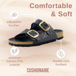 CUSHIONAIRE Lang Slip On Cork Footbed Womens Sandals β Comfortable Slides with Adjustable Buckle Flat Sandals for Women 2025, BLACK 7