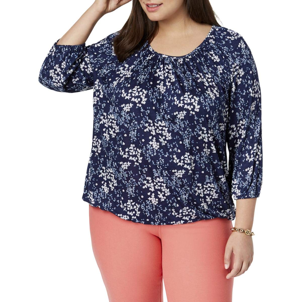 Michael Michael Kors Womens Plus Floral Blouson Pullover Top Navy 2X