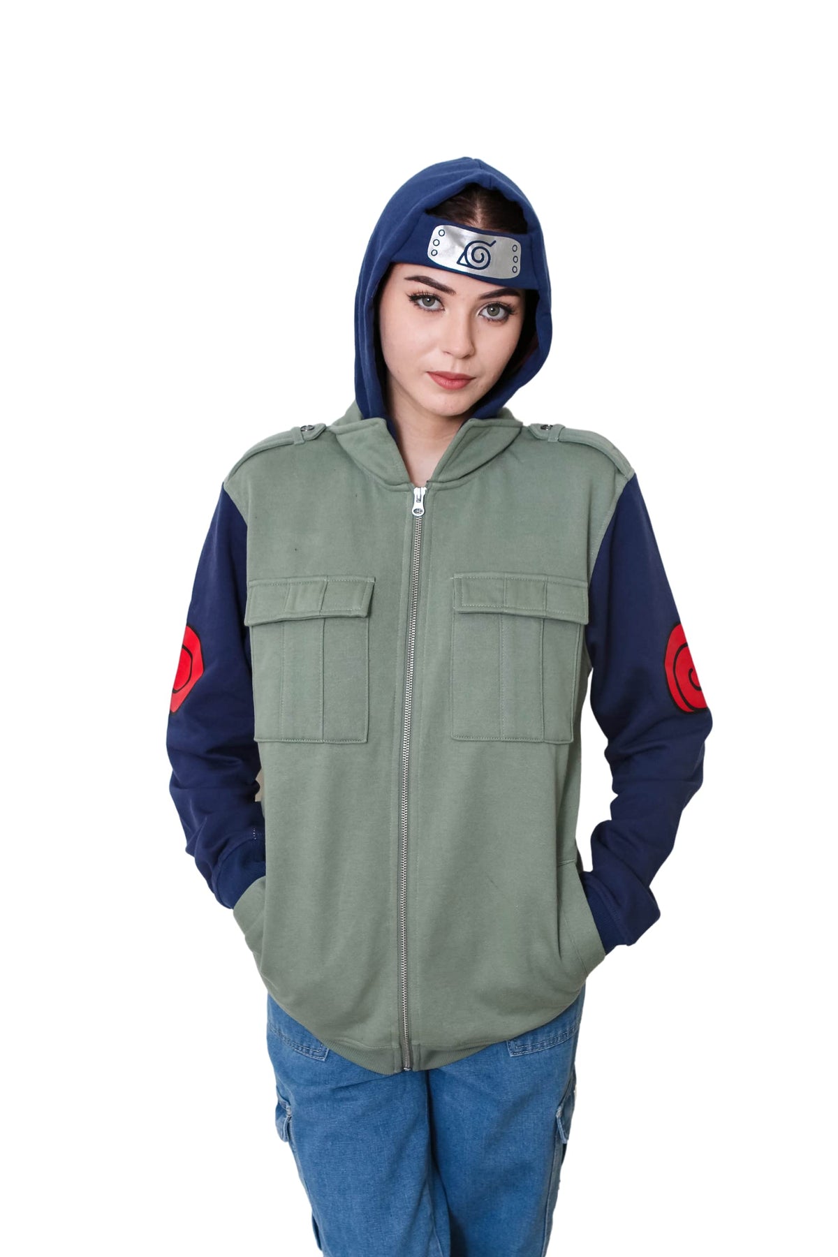 Ripple Junction Naruto Shippuden Kakashi Hatake Cosplay Military-Style Men's Hoodie With Headband (Green, XX-Large)