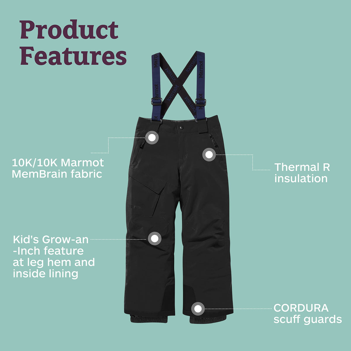 Marmot Kid's Edge Insulated Snow Pant - Kids Snowpants for Winter, Skiing, Snowboarding, Tubing, and Snow Fun, Black, X-Large