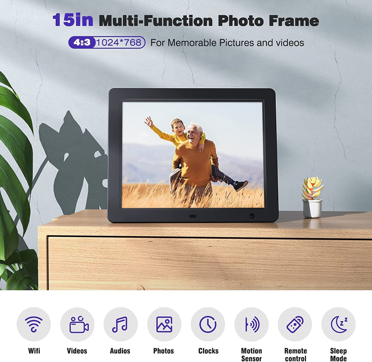WiFi Digital Photo Frame 15 Inch Electronic Digital Picture Frame with Remote Control HD Display, Share Photos Videos via App & Email from Anywhere, Motion Sensor 16GB Storage, Black, F50