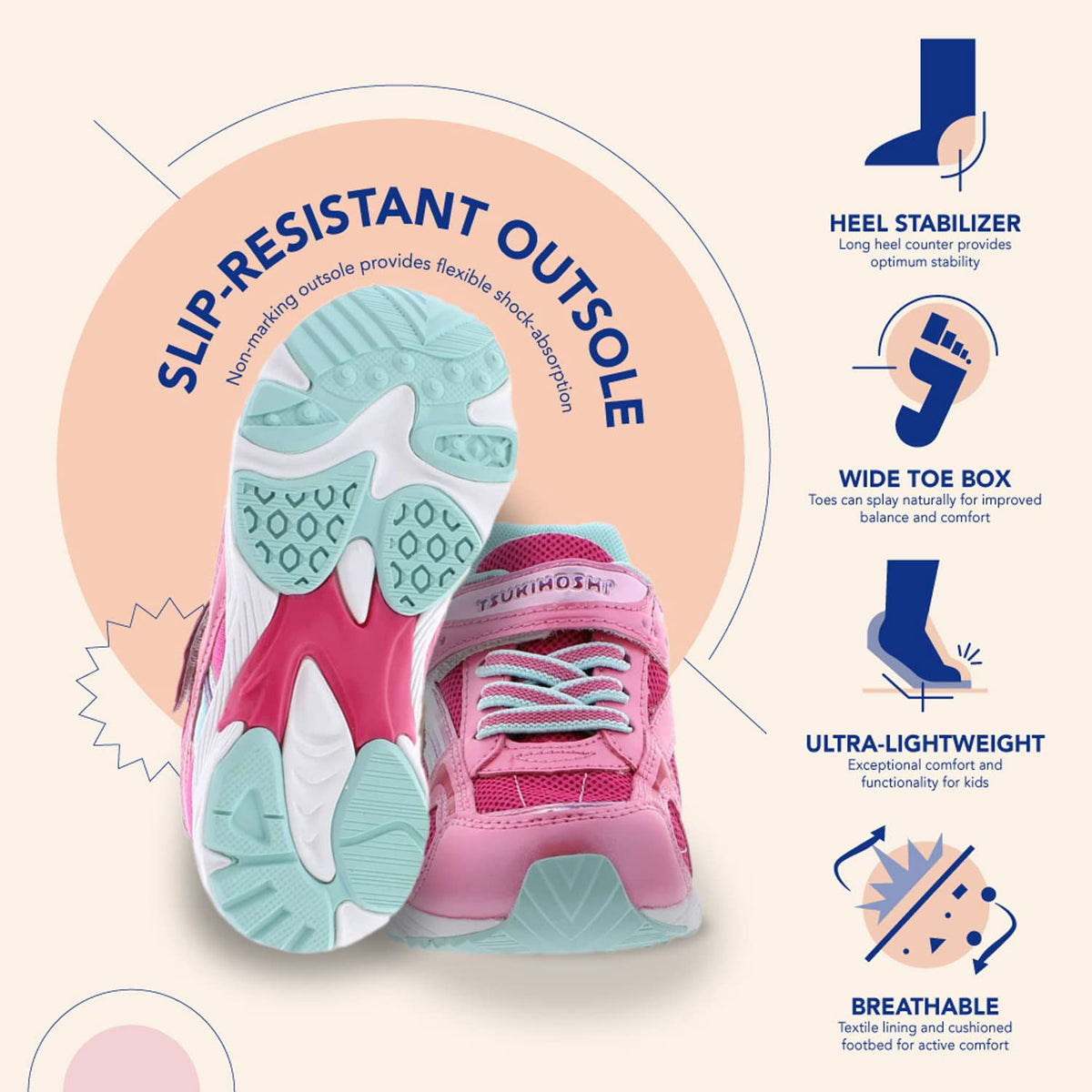 TSUKIHOSHI 3537 Glitz Strap-Closure Machine-Washable Child Sneaker Shoe with Wide Toe Box and Slip-Resistant, Non-Marking Outsole, Hotpink/Mint - 11 Little Kid (4-8 Years)