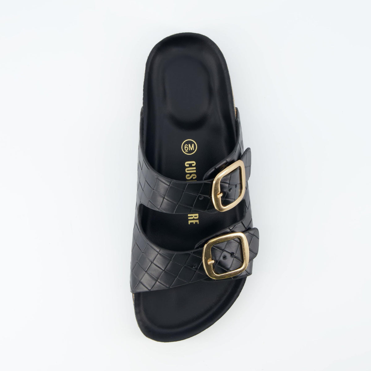 CUSHIONAIRE Lang Slip On Cork Footbed Womens Sandals β Comfortable Slides with Adjustable Buckle Flat Sandals for Women 2025, BLACK 7