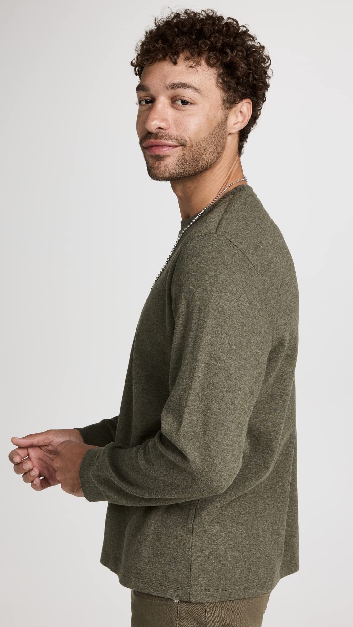FRAME Men's Duo Fold Long Sleeve Crew, Heather Olive Green, L