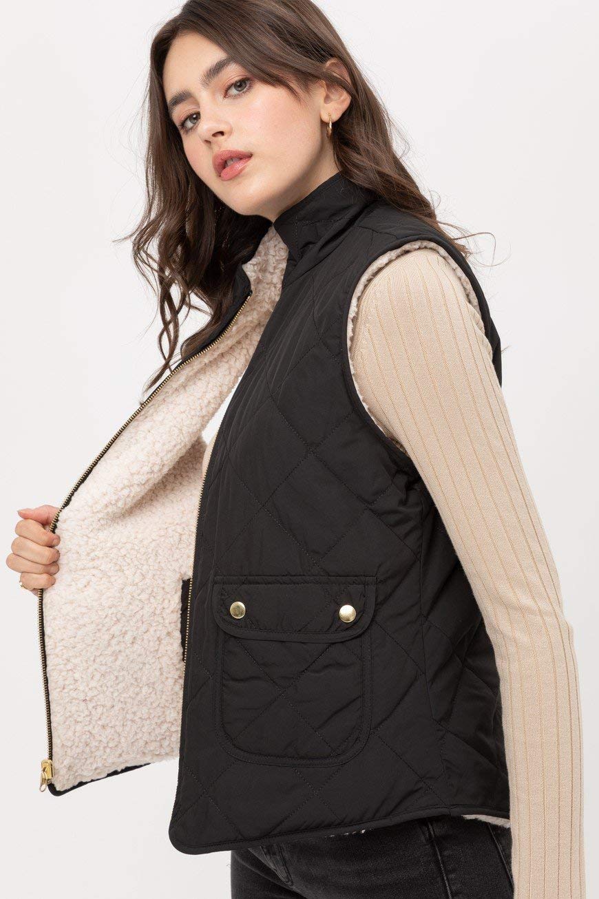 TOP LEGGING TL Women's Casual Sherpa Fur Vest - Winter Warm Fleece Collar Zip Up Jacket 001_Black L