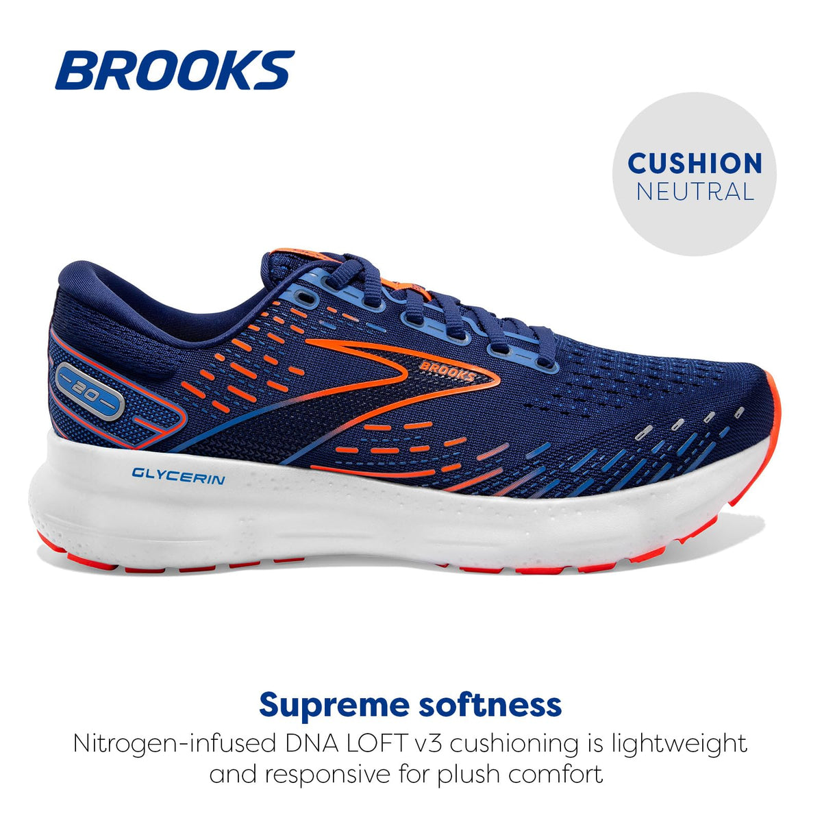 Brooks Men's Glycerin 20 Neutral Running Shoe - Blue Depths/Palace Blue/Orange - 15 Wide