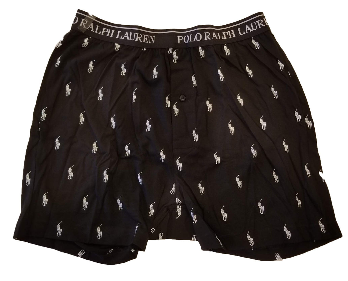 Polo Ralph Lauren Men's, 100% Soft Cotton Jersey, Wicking Knit Boxer Shorts, with Allover Pony Player Print (Large, Black/White AOPP)