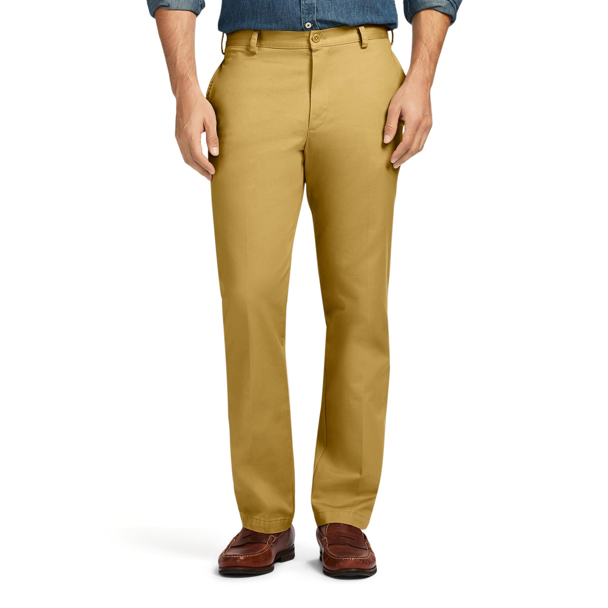 IZOD Men's American Chino Flat Front Slim Fit Pant, Khaki, 34W x 32L