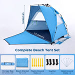 ArcadiVille Pop up Beach Tent, Anti-UV Sun Shelter 4 Person Tent for Beach UPF 50+, Portable Lightweight Beach Shade Canopy Sun Tent w/Extended Floor, Guylines & Stakes, 3 Ventilated Windows (Blue)