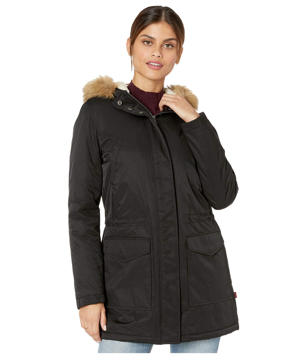 Levi's® Coated Cotton Parka with Sherpa and Faux Fur Hood Black LG