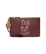 Coach Bunny Graphic Polished Pebble Small Wristlet Wine Multi One Size