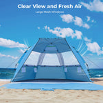 ArcadiVille Pop up Beach Tent, Anti-UV Sun Shelter 4 Person Tent for Beach UPF 50+, Portable Lightweight Beach Shade Canopy Sun Tent w/Extended Floor, Guylines & Stakes, 3 Ventilated Windows (Blue)