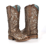 Corral Women's Orix Glitter Inlay Studs Square Toe SZ Boots, Brown, 6.5