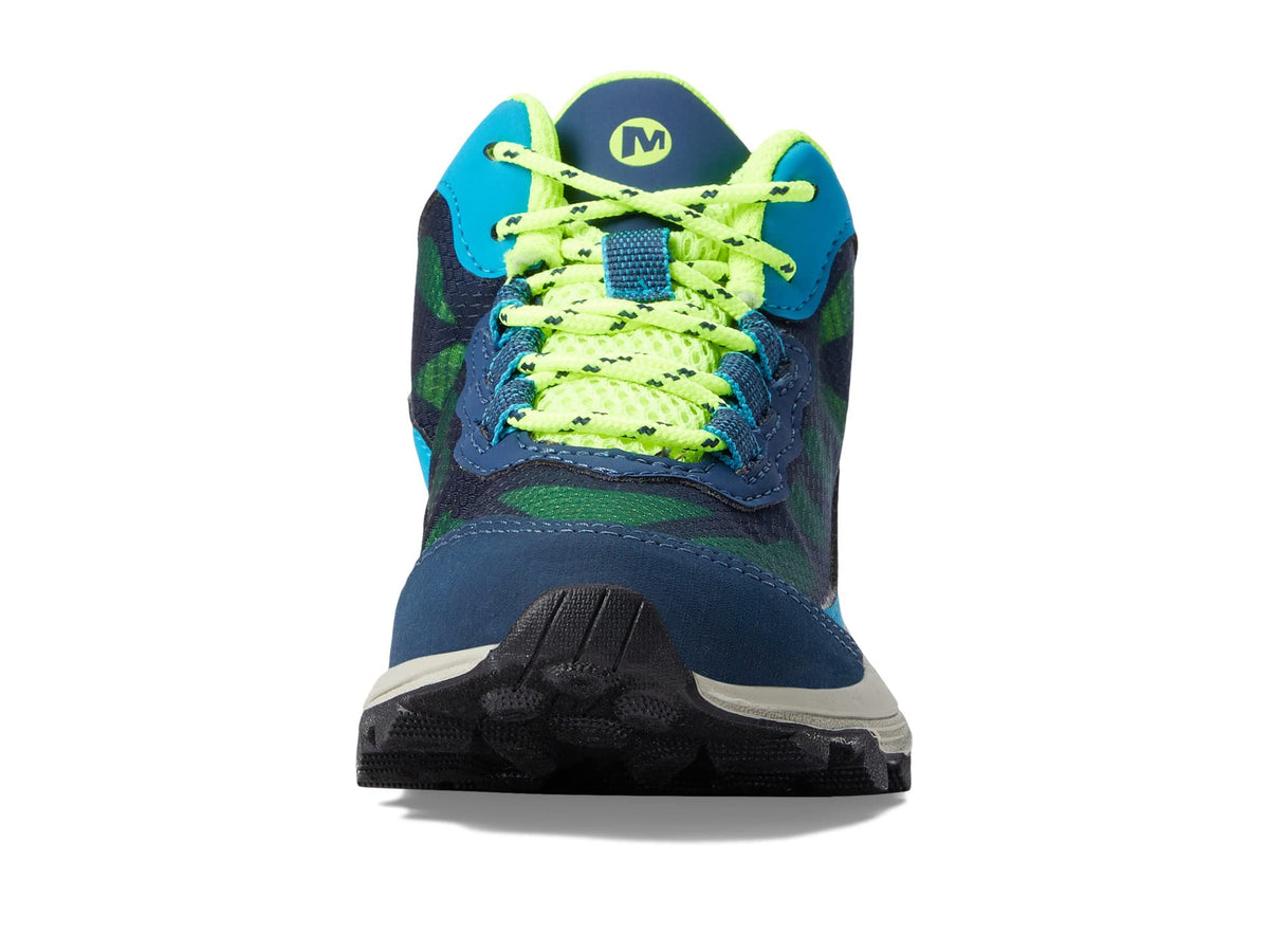 Merrell Moab Speed Mid Waterproof Hiking Boot, Navy/HI VIZ, 2.5 Wide US Unisex Big_Kid