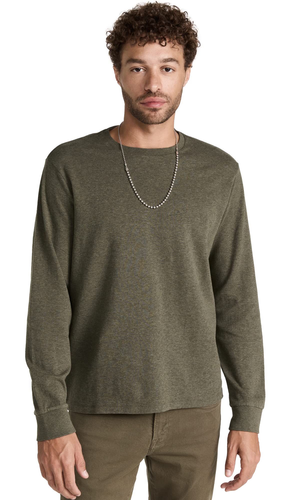 FRAME Men's Duo Fold Long Sleeve Crew, Heather Olive Green, L