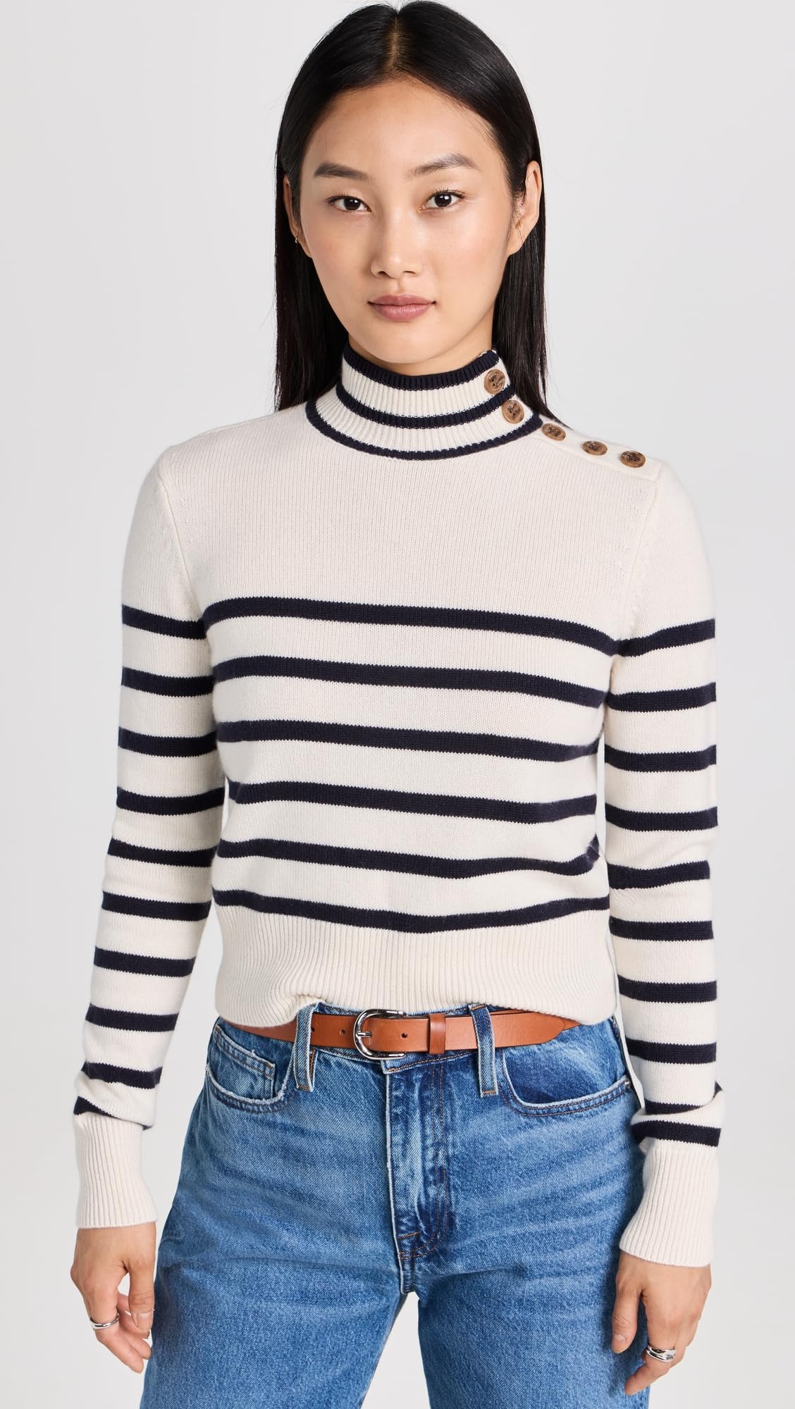 FRAME Women's Shrunken Mariner Cashmere Turtleneck, Off White Multi, S